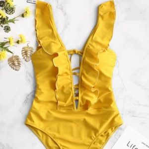 Lattice Criss Cross Ruffle One Piece Swimsuit